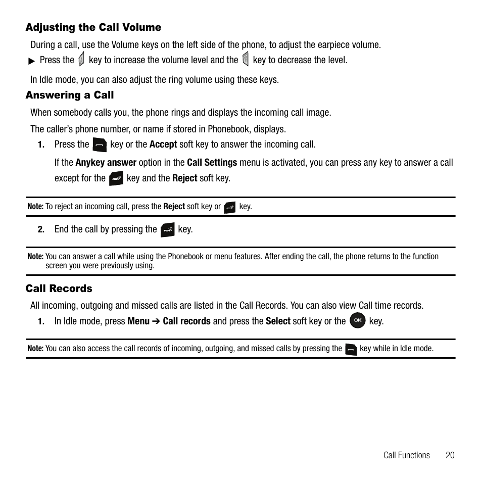Adjusting the call volume, Answering a call, Call records | Samsung SGH-T109OGATMB User Manual | Page 23 / 128