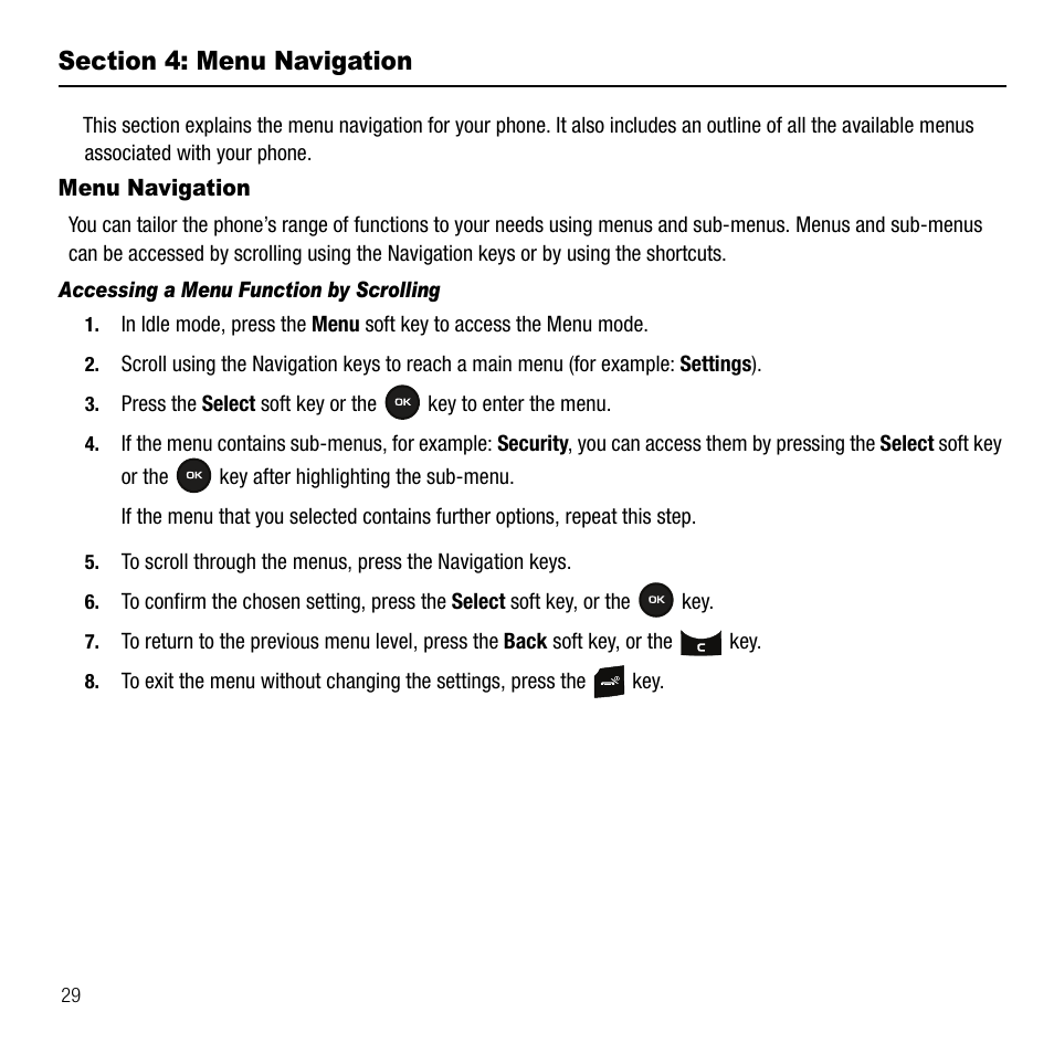 Section 4: menu navigation, Menu navigation | Samsung SGH-T109OGATMB User Manual | Page 32 / 128