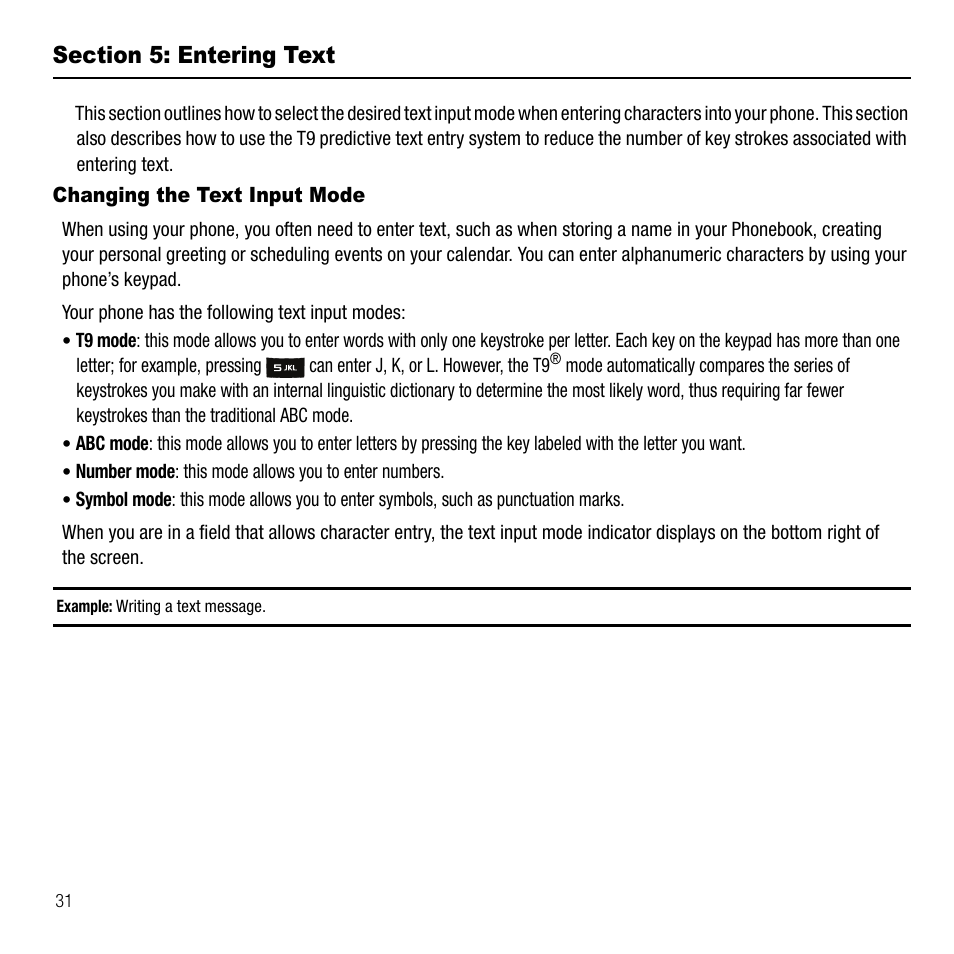 Section 5: entering text, Changing the text input mode | Samsung SGH-T109OGATMB User Manual | Page 34 / 128