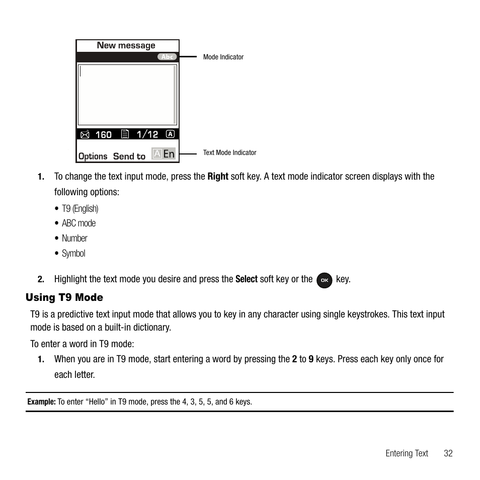 Using t9 mode | Samsung SGH-T109OGATMB User Manual | Page 35 / 128