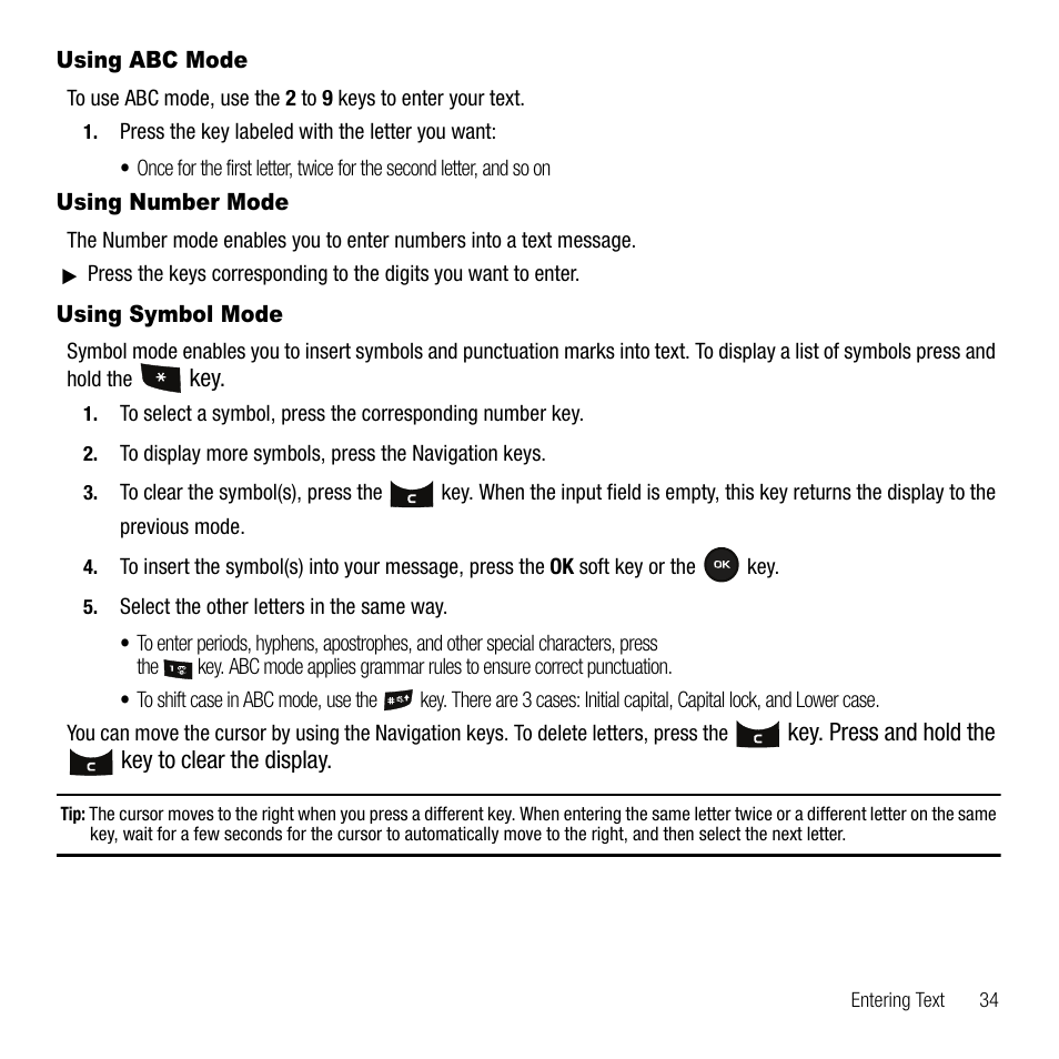 Using abc mode, Using number mode, Using symbol mode | Using abc mode using number mode using symbol mode | Samsung SGH-T109OGATMB User Manual | Page 37 / 128