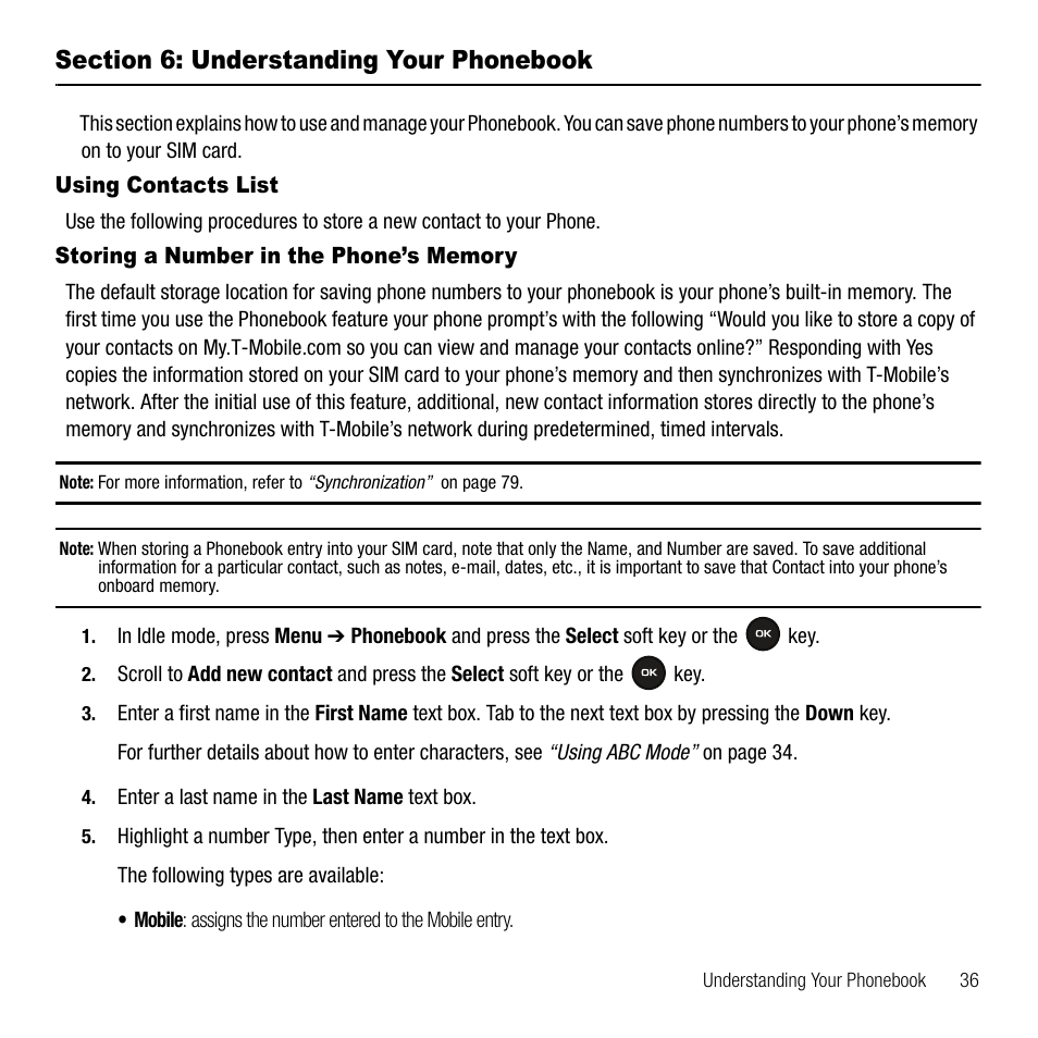 Section 6: understanding your phonebook, Using contacts list, Storing a number in the phone’s memory | Samsung SGH-T109OGATMB User Manual | Page 39 / 128