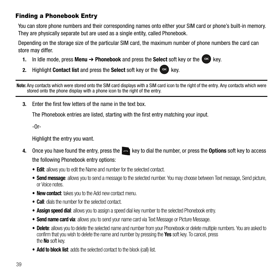 Finding a phonebook entry | Samsung SGH-T109OGATMB User Manual | Page 42 / 128