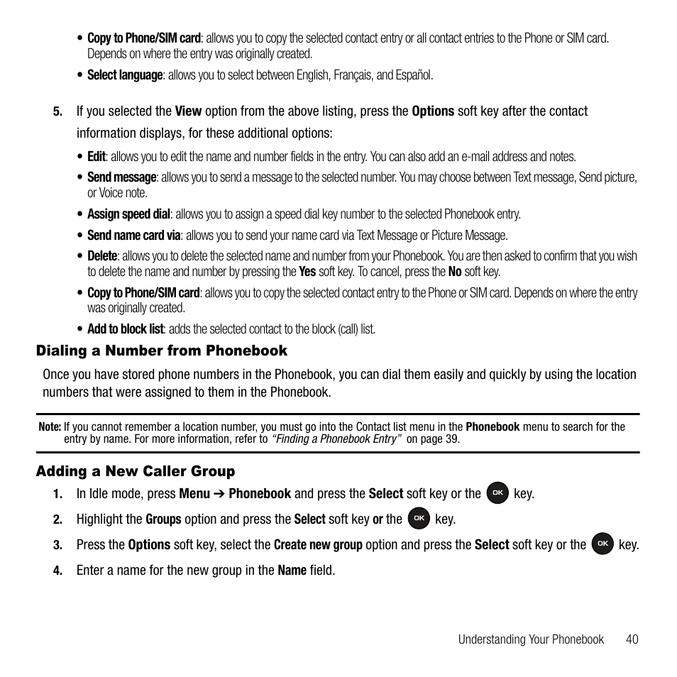 Dialing a number from phonebook, Adding a new caller group | Samsung SGH-T109OGATMB User Manual | Page 43 / 128