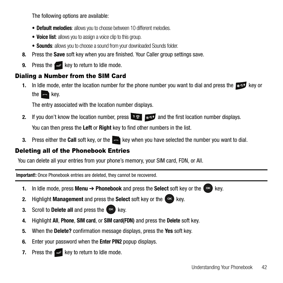 Dialing a number from the sim card, Deleting all of the phonebook entries | Samsung SGH-T109OGATMB User Manual | Page 45 / 128