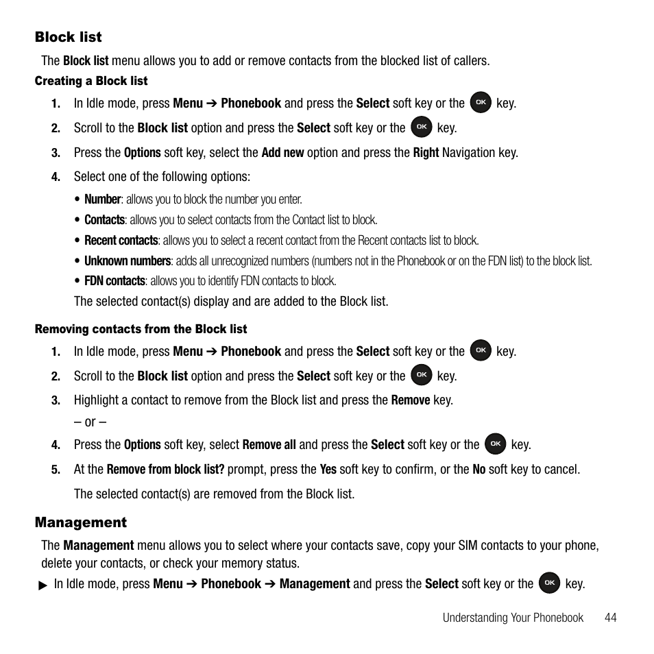 Block list, Management, Block list management | Samsung SGH-T109OGATMB User Manual | Page 47 / 128