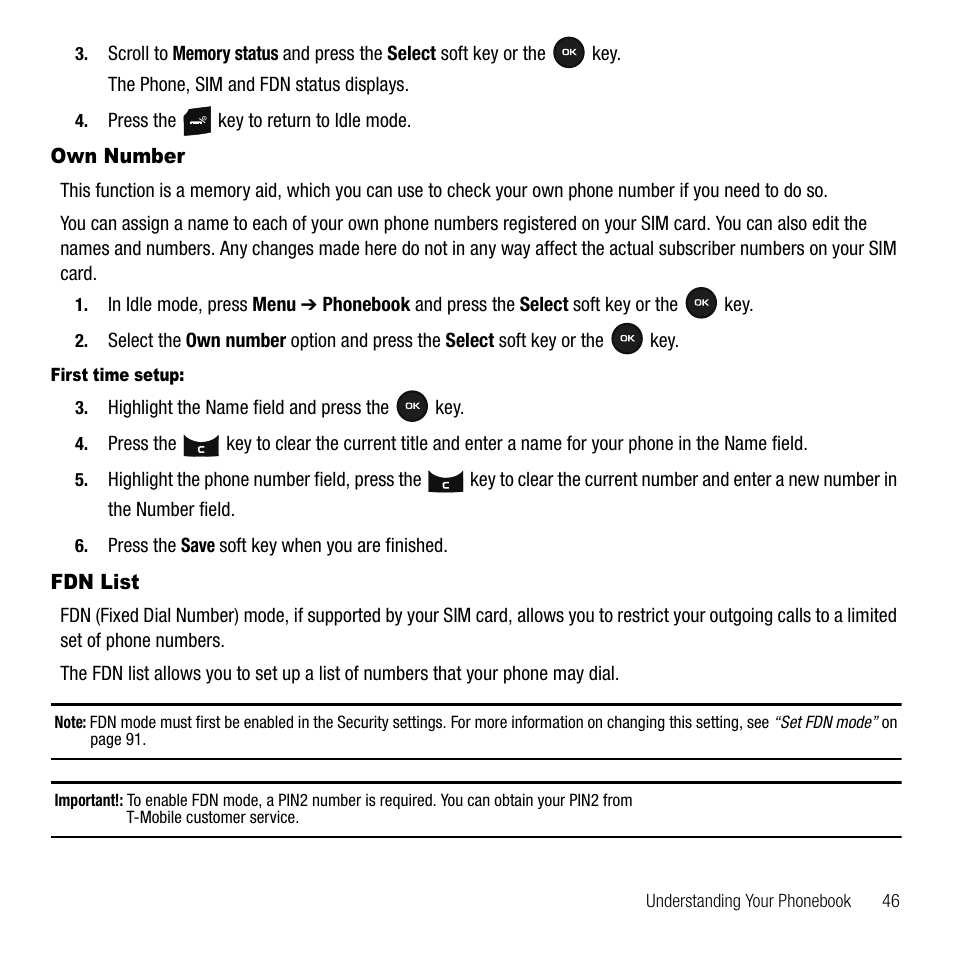 Own number, Fdn list, Own number fdn list | Samsung SGH-T109OGATMB User Manual | Page 49 / 128