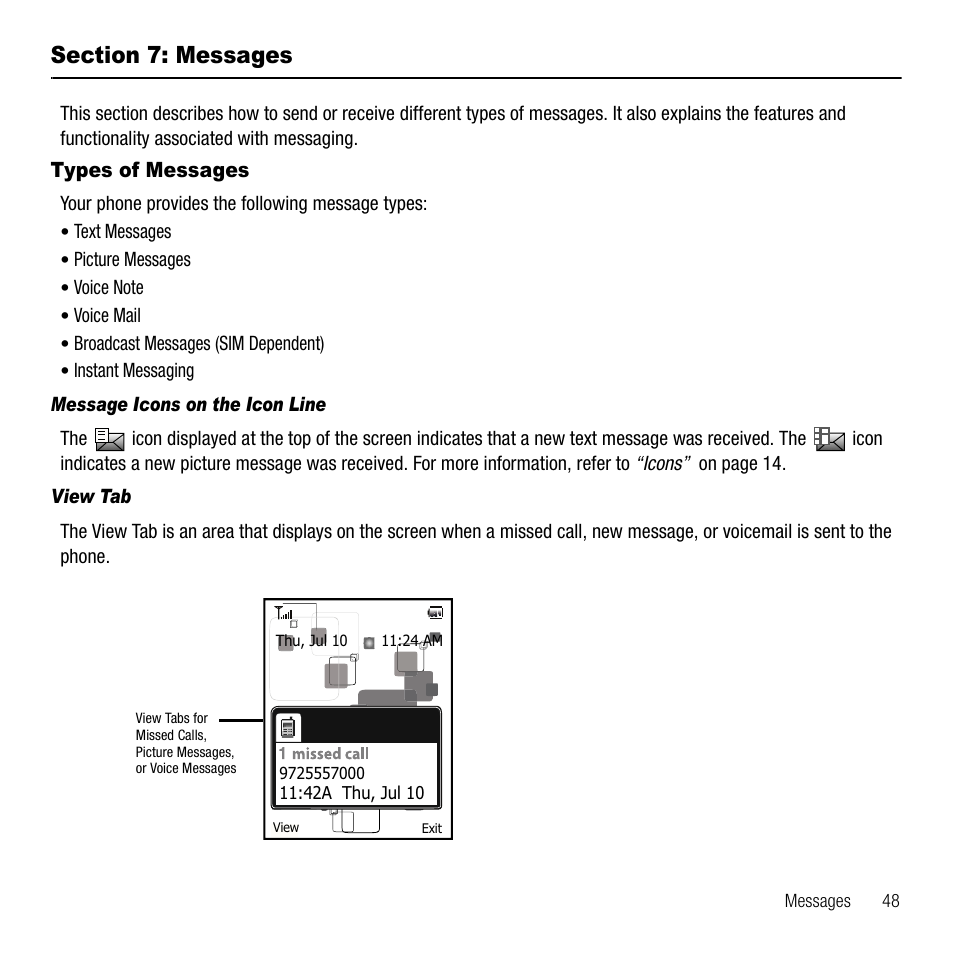 Section 7: messages, Types of messages | Samsung SGH-T109OGATMB User Manual | Page 51 / 128