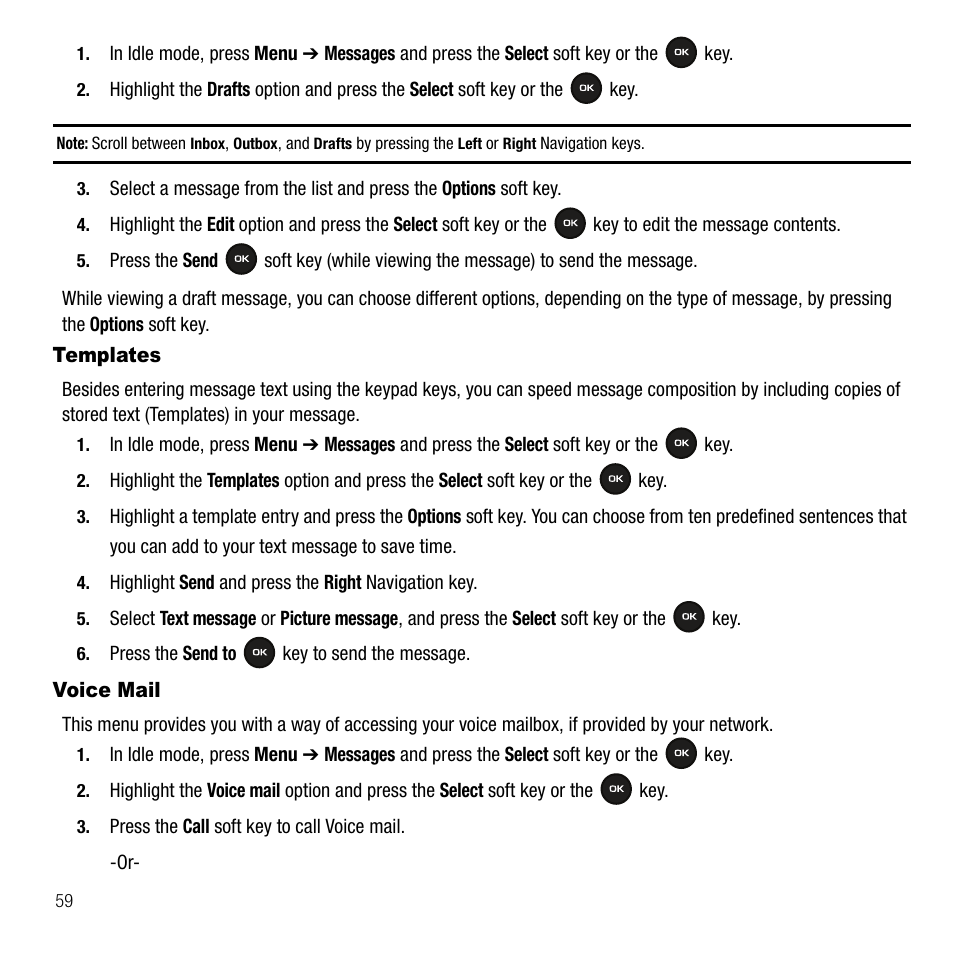 Templates, Voice mail, Templates voice mail | Samsung SGH-T109OGATMB User Manual | Page 62 / 128