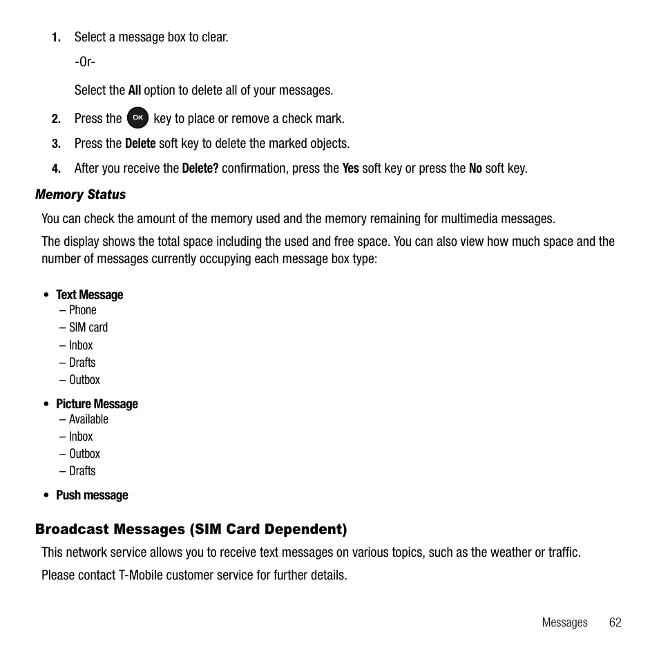 Broadcast messages (sim card dependent) | Samsung SGH-T109OGATMB User Manual | Page 65 / 128