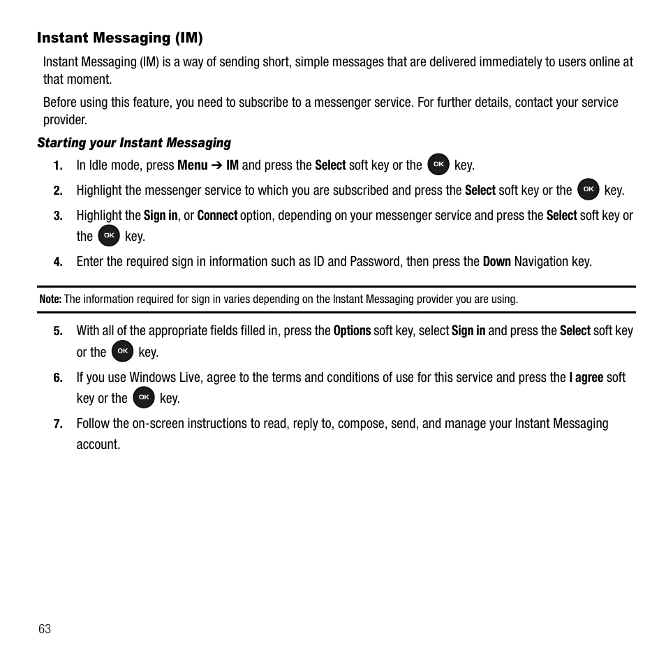 Instant messaging (im) | Samsung SGH-T109OGATMB User Manual | Page 66 / 128
