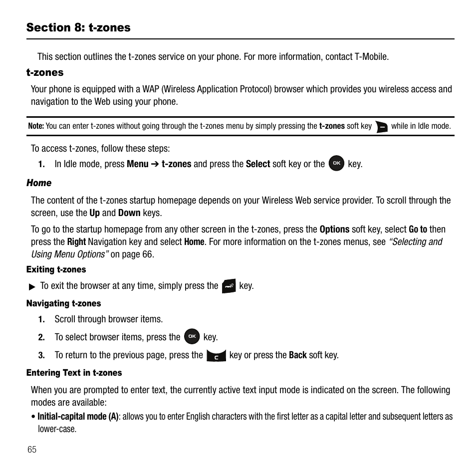 Section 8: t-zones, T-zones | Samsung SGH-T109OGATMB User Manual | Page 68 / 128