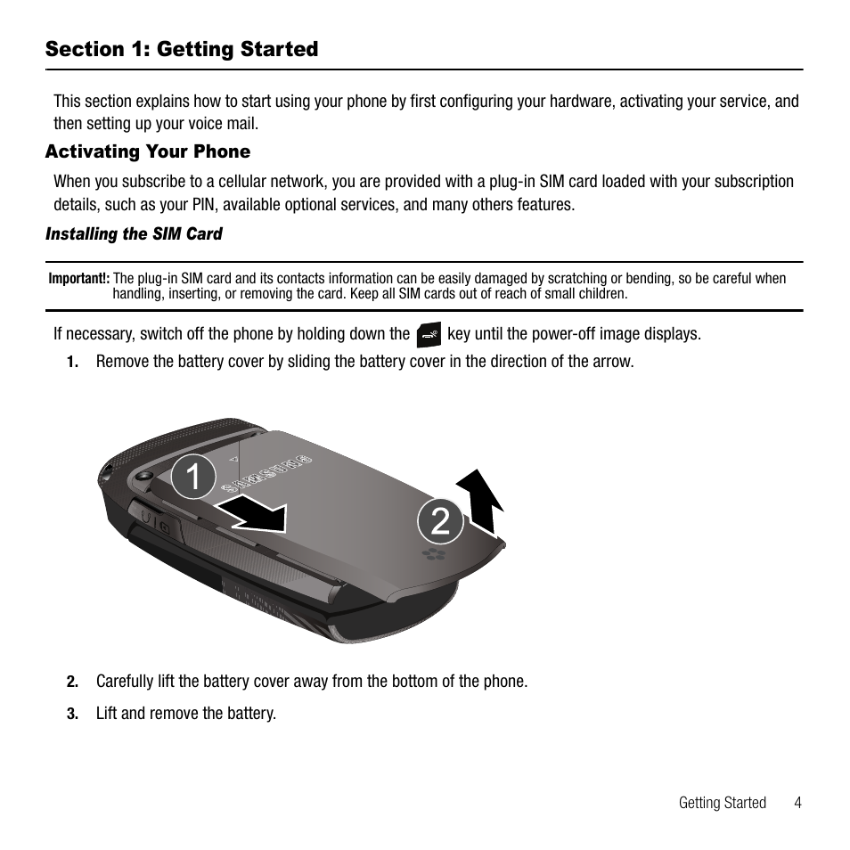 Section 1: getting started, Activating your phone | Samsung SGH-T109OGATMB User Manual | Page 7 / 128