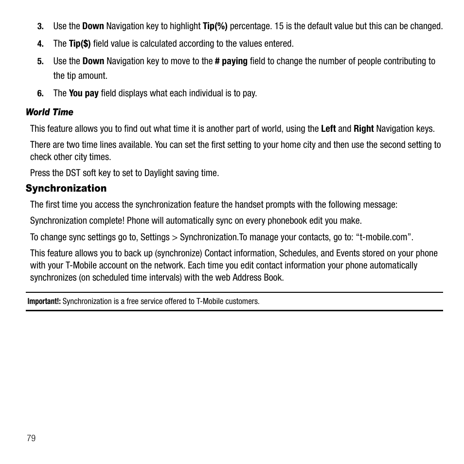 Synchronization | Samsung SGH-T109OGATMB User Manual | Page 82 / 128