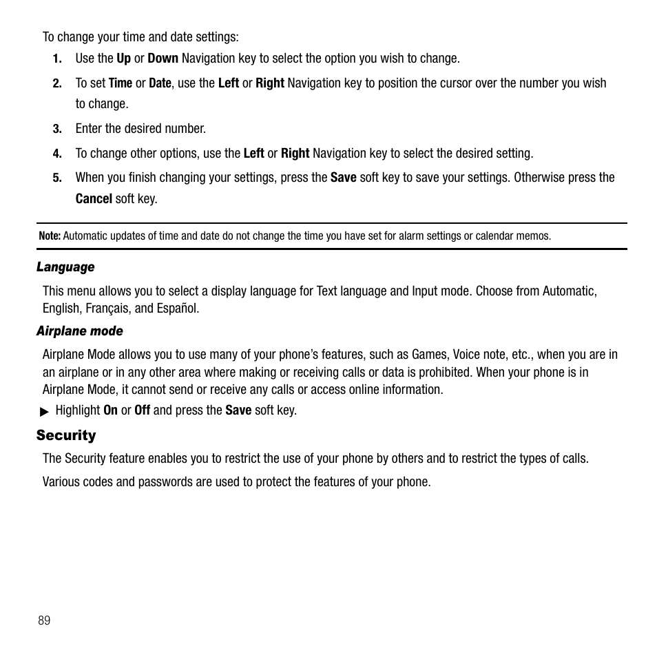 Security | Samsung SGH-T109OGATMB User Manual | Page 92 / 128