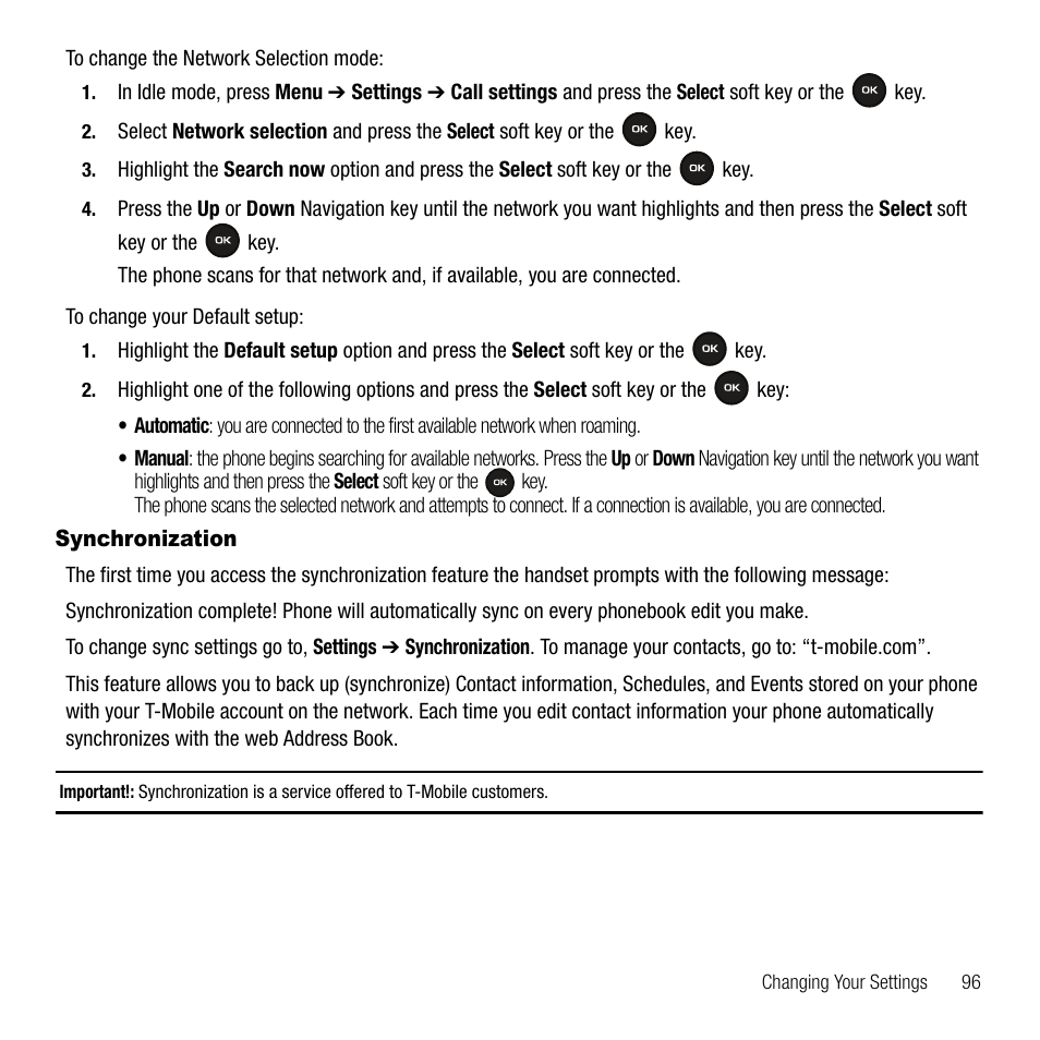 Synchronization | Samsung SGH-T109OGATMB User Manual | Page 99 / 128