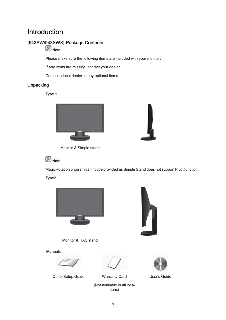 Introduction, 943sw/943swx} package contents, Unpacking | Samsung LS22MYZKFV-XAA User Manual | Page 10 / 172