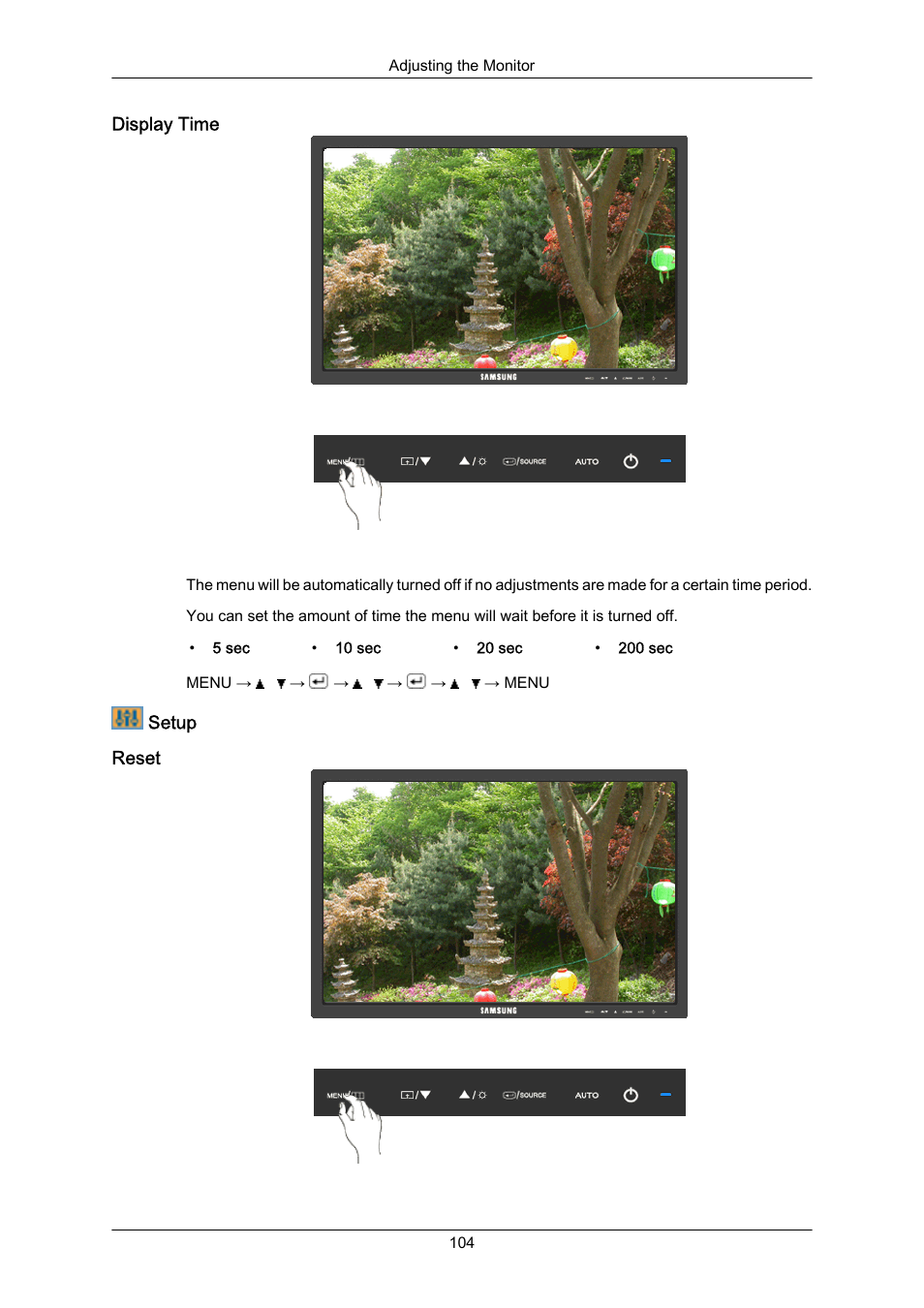 Display time, Setup, Reset | Samsung LS22MYZKFV-XAA User Manual | Page 105 / 172