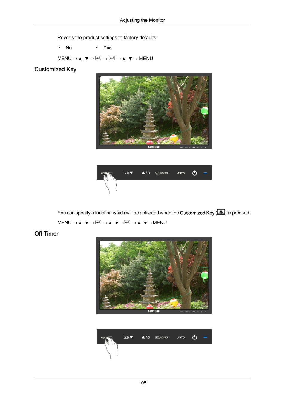 Customized key, Off timer | Samsung LS22MYZKFV-XAA User Manual | Page 106 / 172