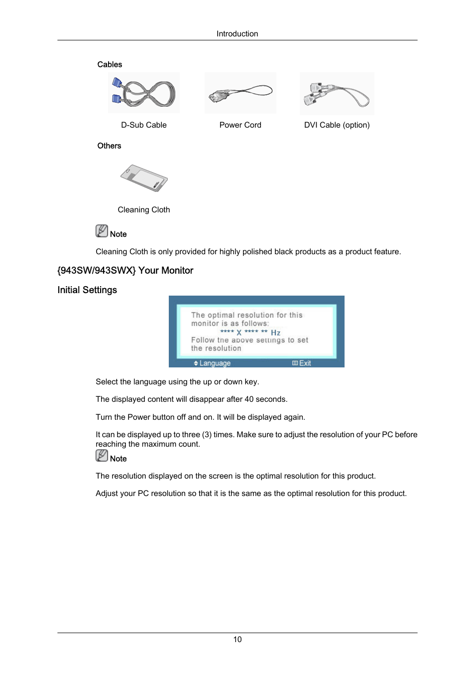 943sw/943swx} your monitor, Initial settings | Samsung LS22MYZKFV-XAA User Manual | Page 11 / 172