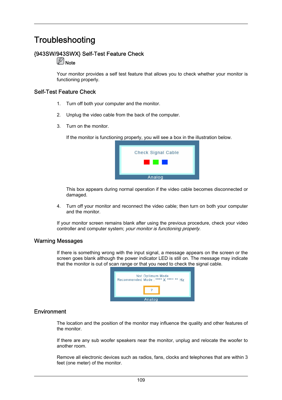 Troubleshooting, 943sw/943swx} self-test feature check, Self-test feature check | Warning messages, Environment | Samsung LS22MYZKFV-XAA User Manual | Page 110 / 172