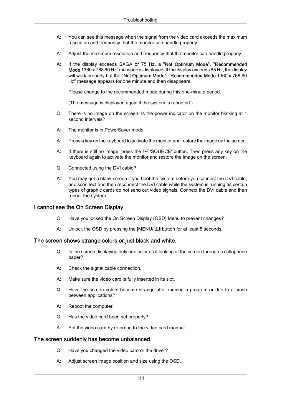 I cannot see the on screen display, The screen suddenly has become unbalanced | Samsung LS22MYZKFV-XAA User Manual | Page 112 / 172