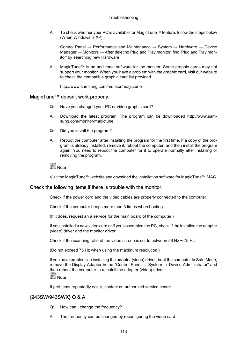 Magictune™ doesn't work properly, 943sw/943swx} q & a | Samsung LS22MYZKFV-XAA User Manual | Page 114 / 172