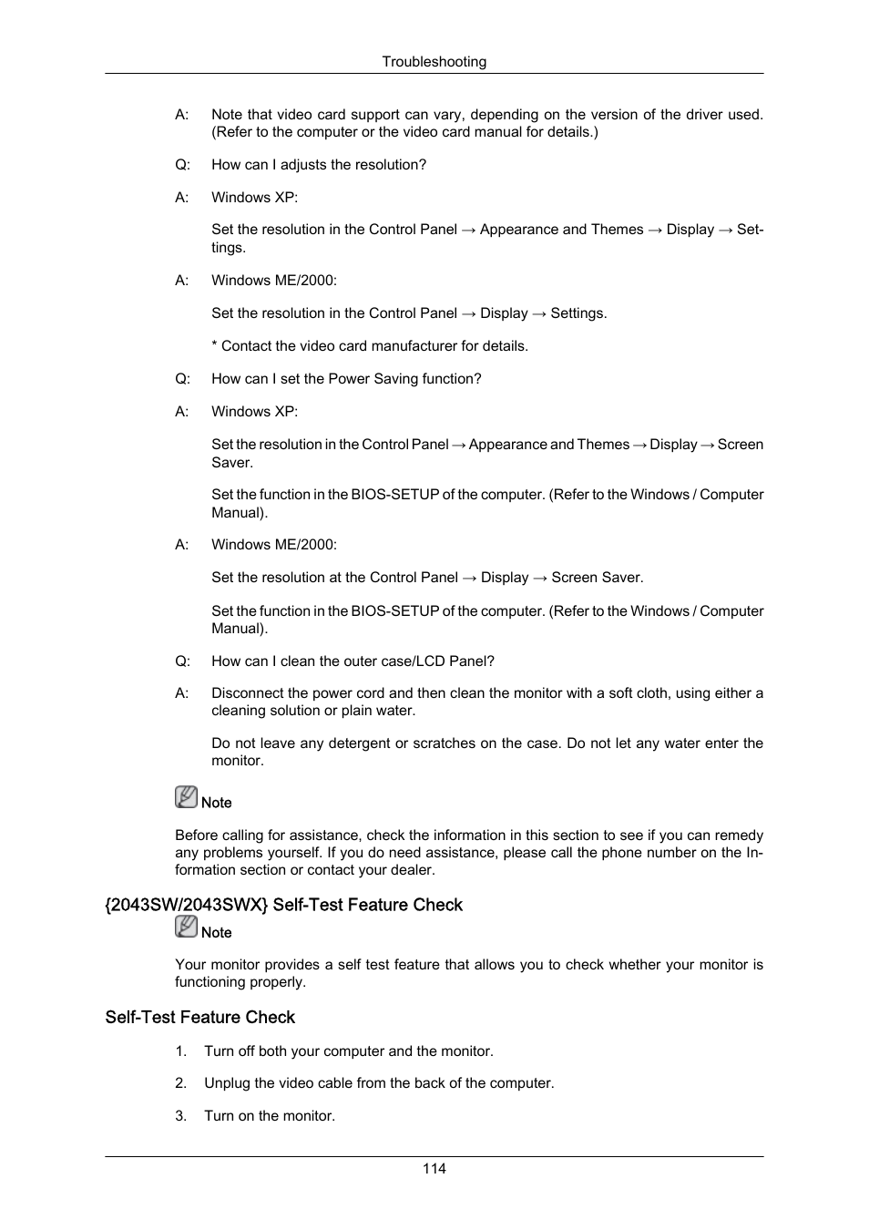 2043sw/2043swx} self-test feature check, Self-test feature check | Samsung LS22MYZKFV-XAA User Manual | Page 115 / 172