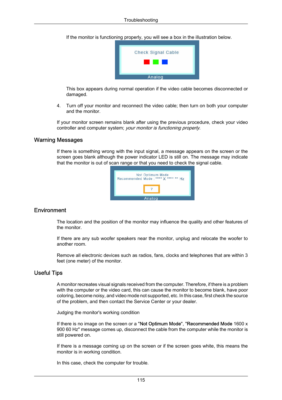 Warning messages, Environment, Useful tips | Samsung LS22MYZKFV-XAA User Manual | Page 116 / 172