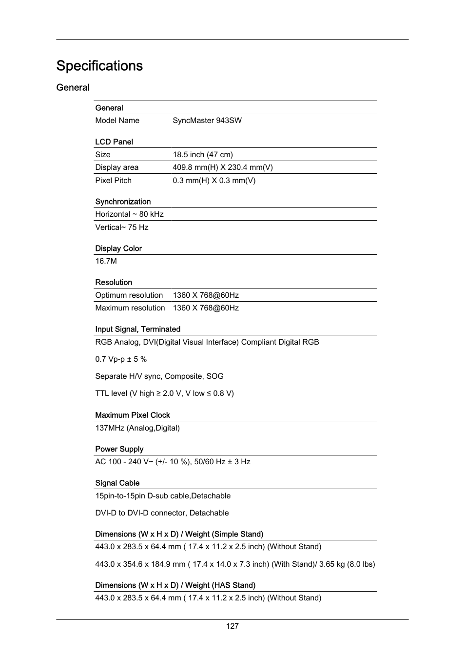 Specifications, General | Samsung LS22MYZKFV-XAA User Manual | Page 128 / 172