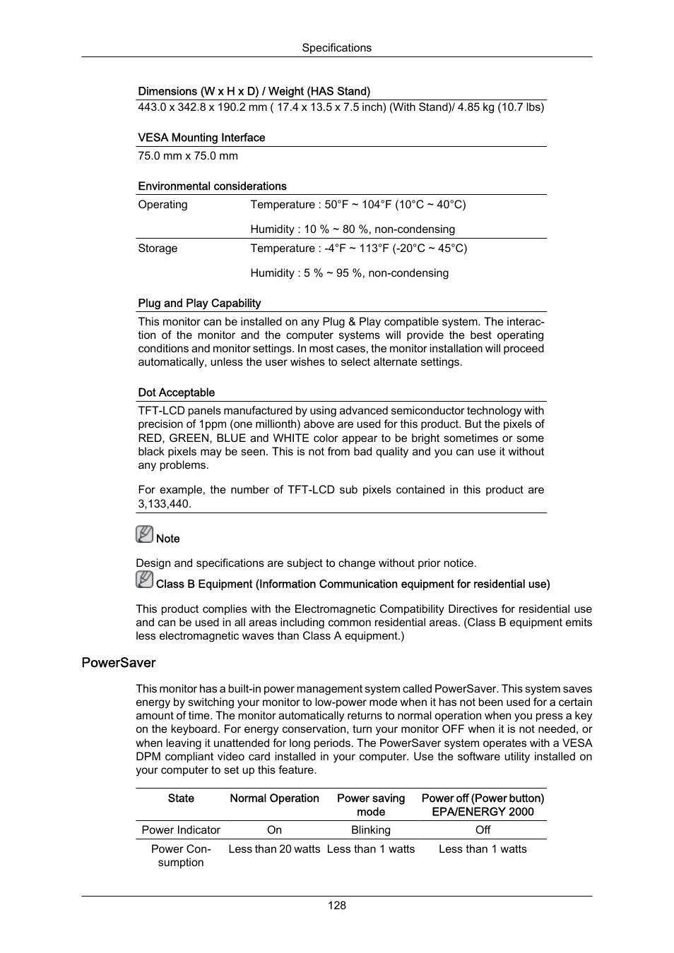 Powersaver | Samsung LS22MYZKFV-XAA User Manual | Page 129 / 172