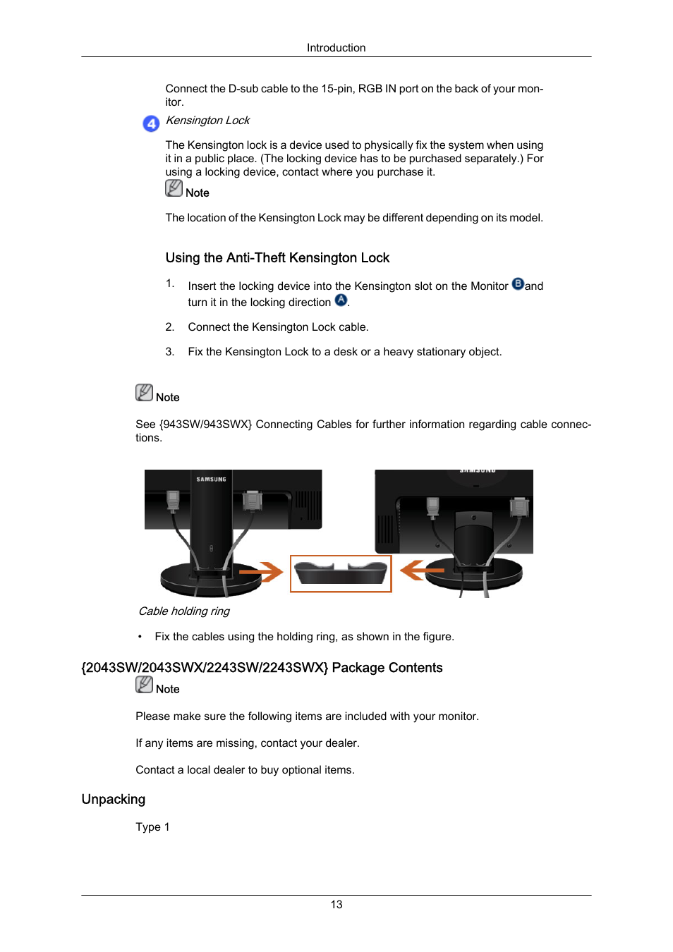 2043sw/2043swx/2243sw/2243swx} package contents, Unpacking | Samsung LS22MYZKFV-XAA User Manual | Page 14 / 172