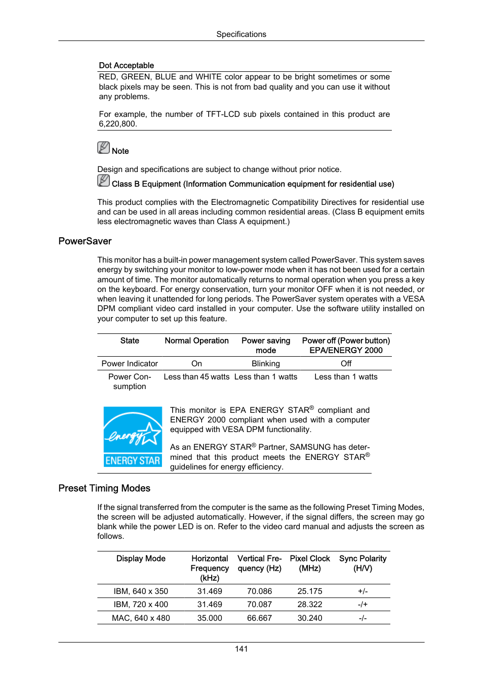 Powersaver, Preset timing modes | Samsung LS22MYZKFV-XAA User Manual | Page 142 / 172