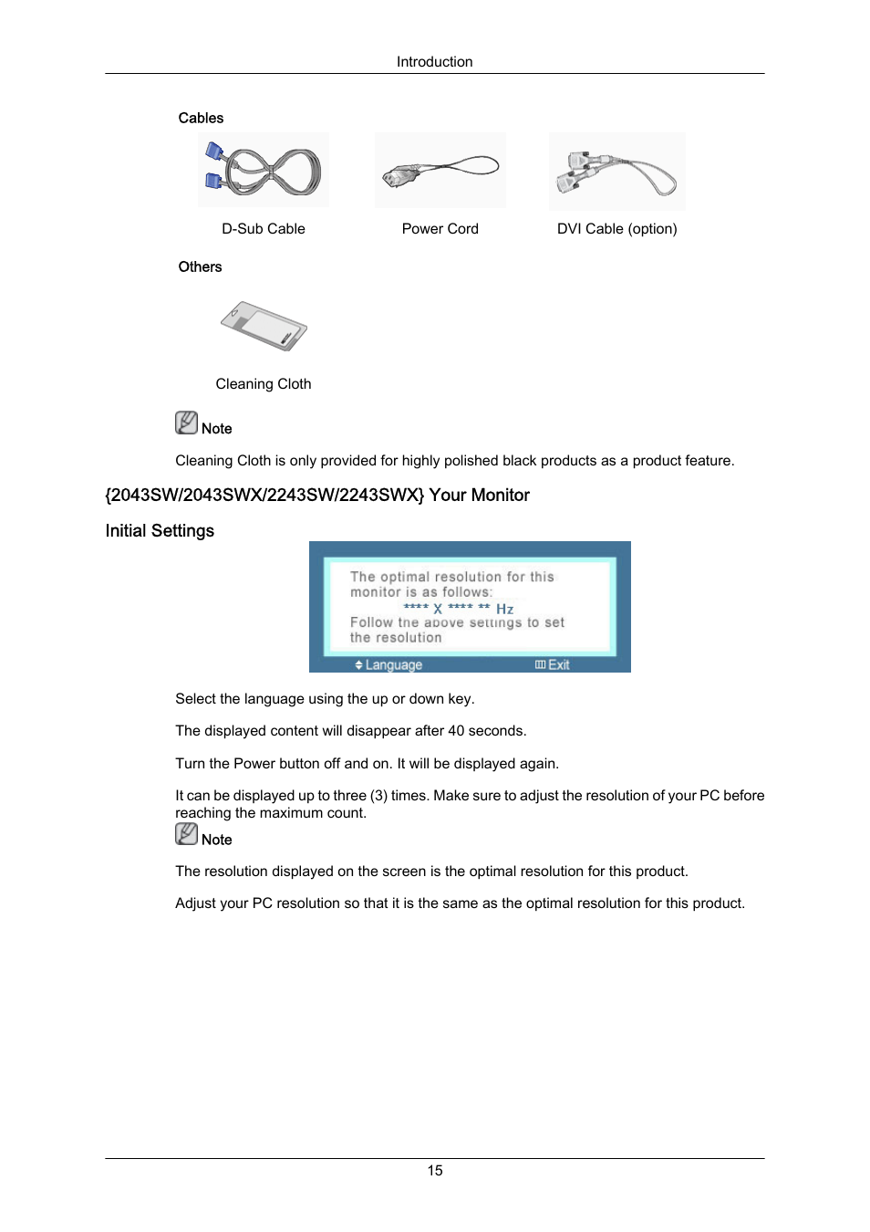 2043sw/2043swx/2243sw/2243swx} your monitor, Initial settings | Samsung LS22MYZKFV-XAA User Manual | Page 16 / 172