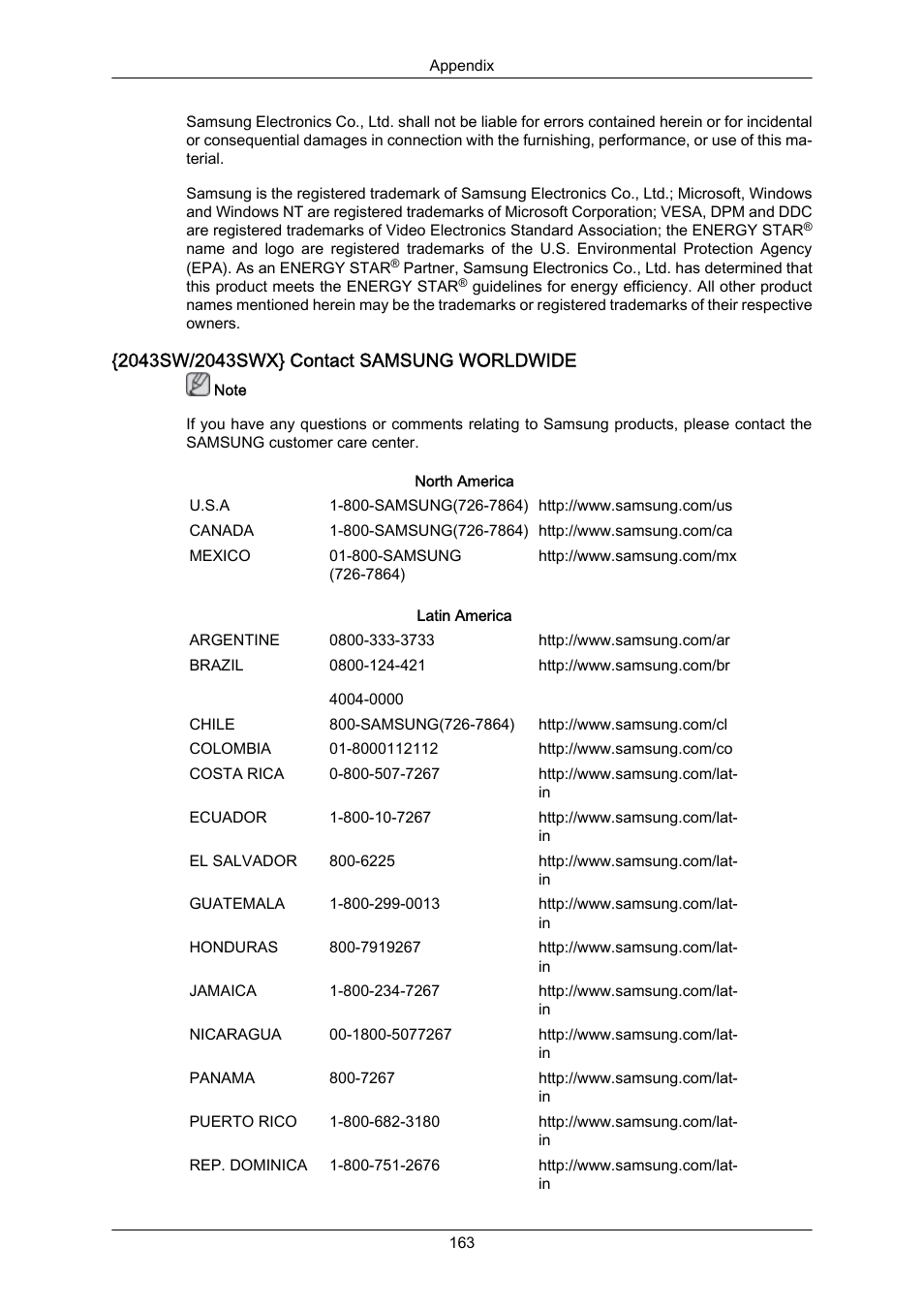 2043sw/2043swx} contact samsung worldwide | Samsung LS22MYZKFV-XAA User Manual | Page 164 / 172