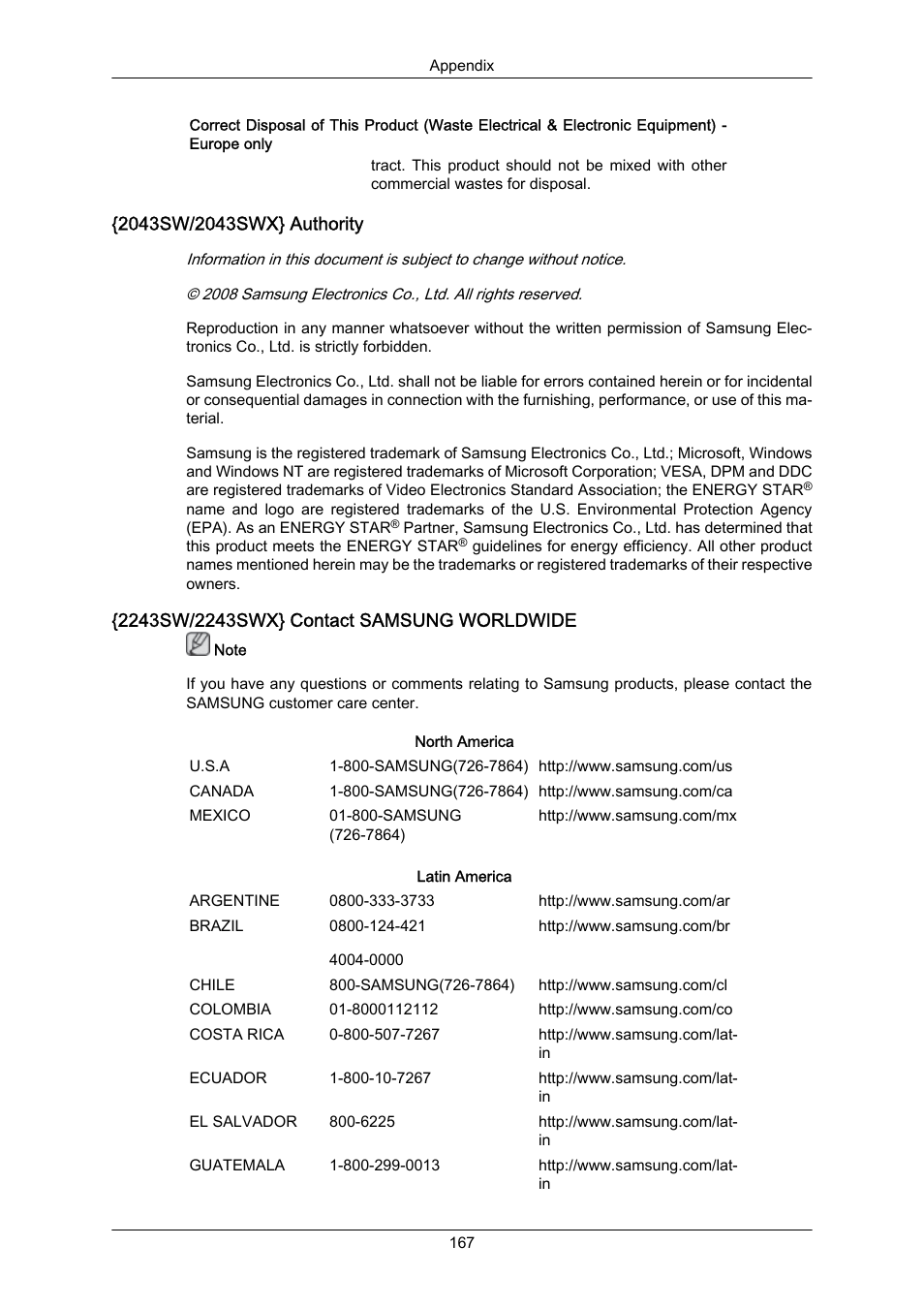 2043sw/2043swx} authority, 2243sw/2243swx} contact samsung worldwide | Samsung LS22MYZKFV-XAA User Manual | Page 168 / 172