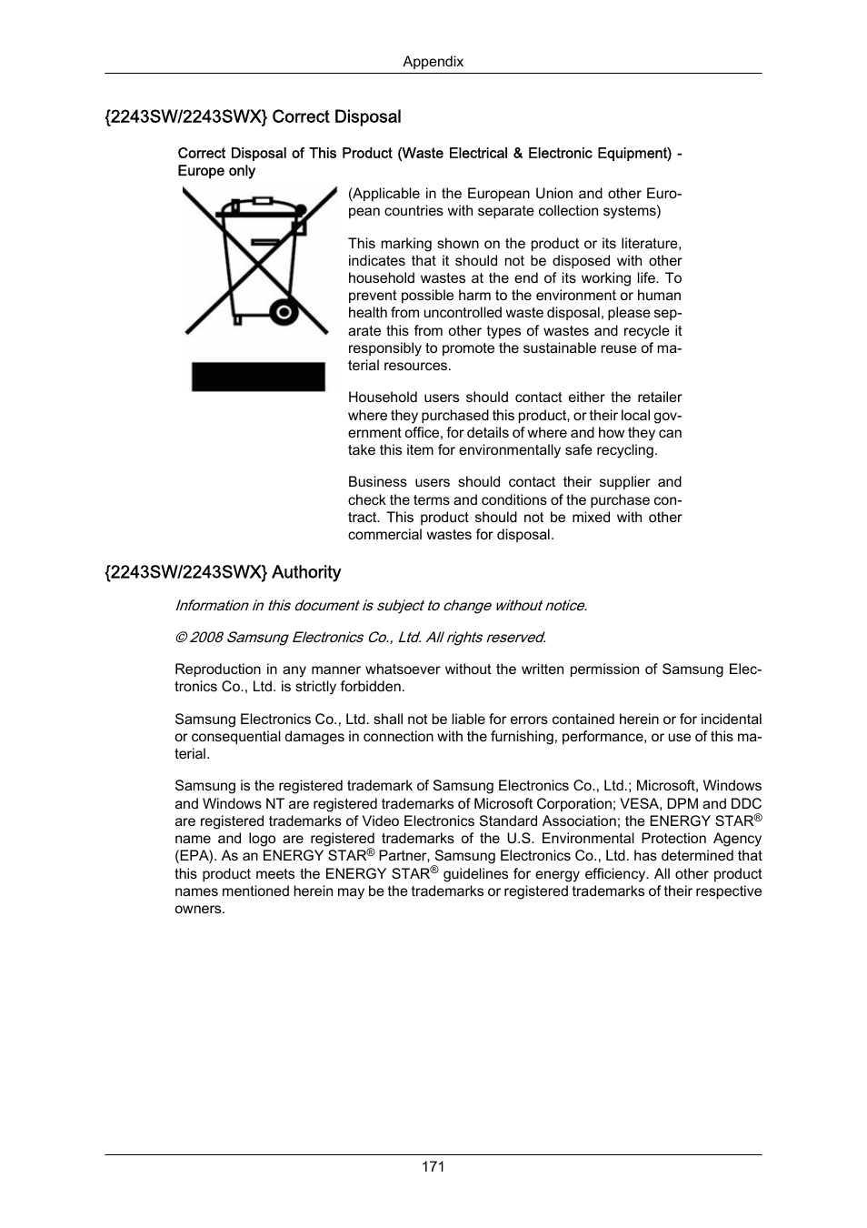 2243sw/2243swx} correct disposal, 2243sw/2243swx} authority | Samsung LS22MYZKFV-XAA User Manual | Page 172 / 172