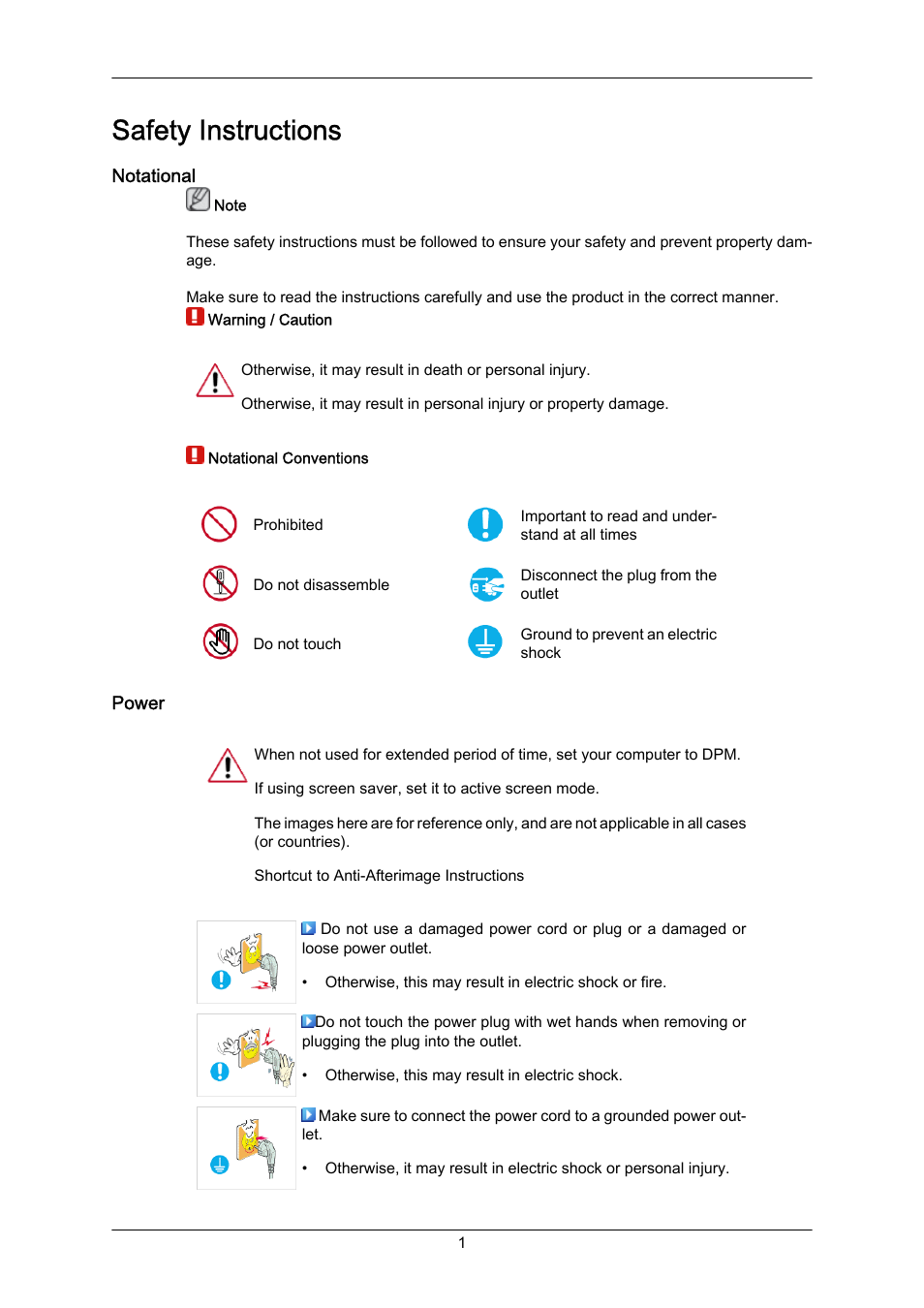 Safety instructions, Notational, Power | Samsung LS22MYZKFV-XAA User Manual | Page 2 / 172