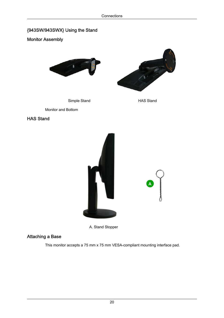 943sw/943swx} using the stand, Monitor assembly, Has stand | Attaching a base | Samsung LS22MYZKFV-XAA User Manual | Page 21 / 172