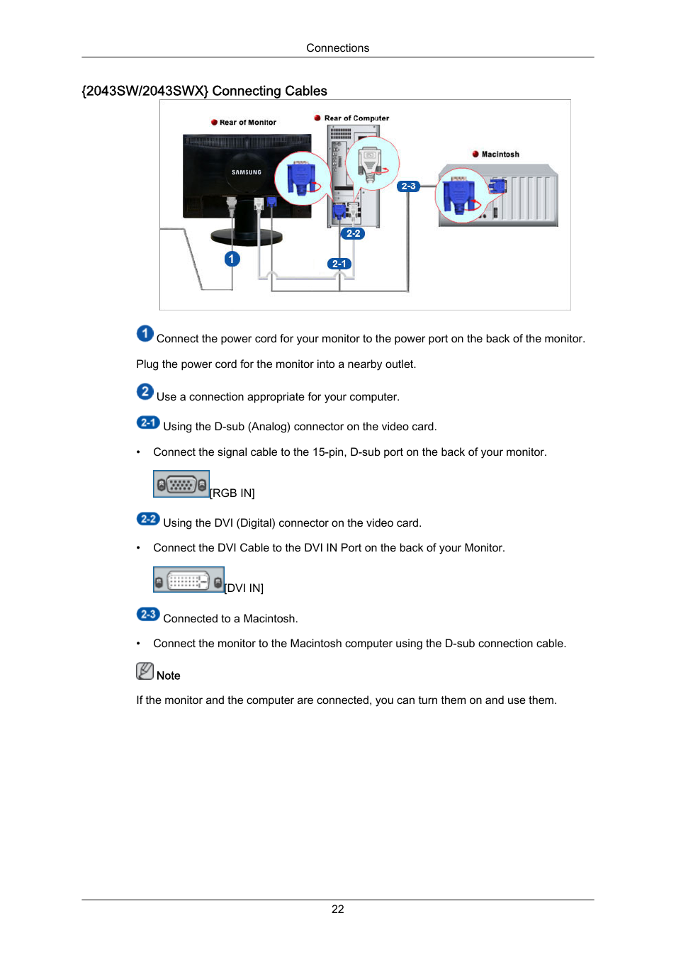 2043sw/2043swx} connecting cables | Samsung LS22MYZKFV-XAA User Manual | Page 23 / 172