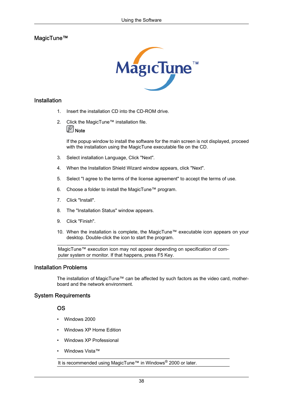 Magictune, Installation, Installation problems | System requirements | Samsung LS22MYZKFV-XAA User Manual | Page 39 / 172