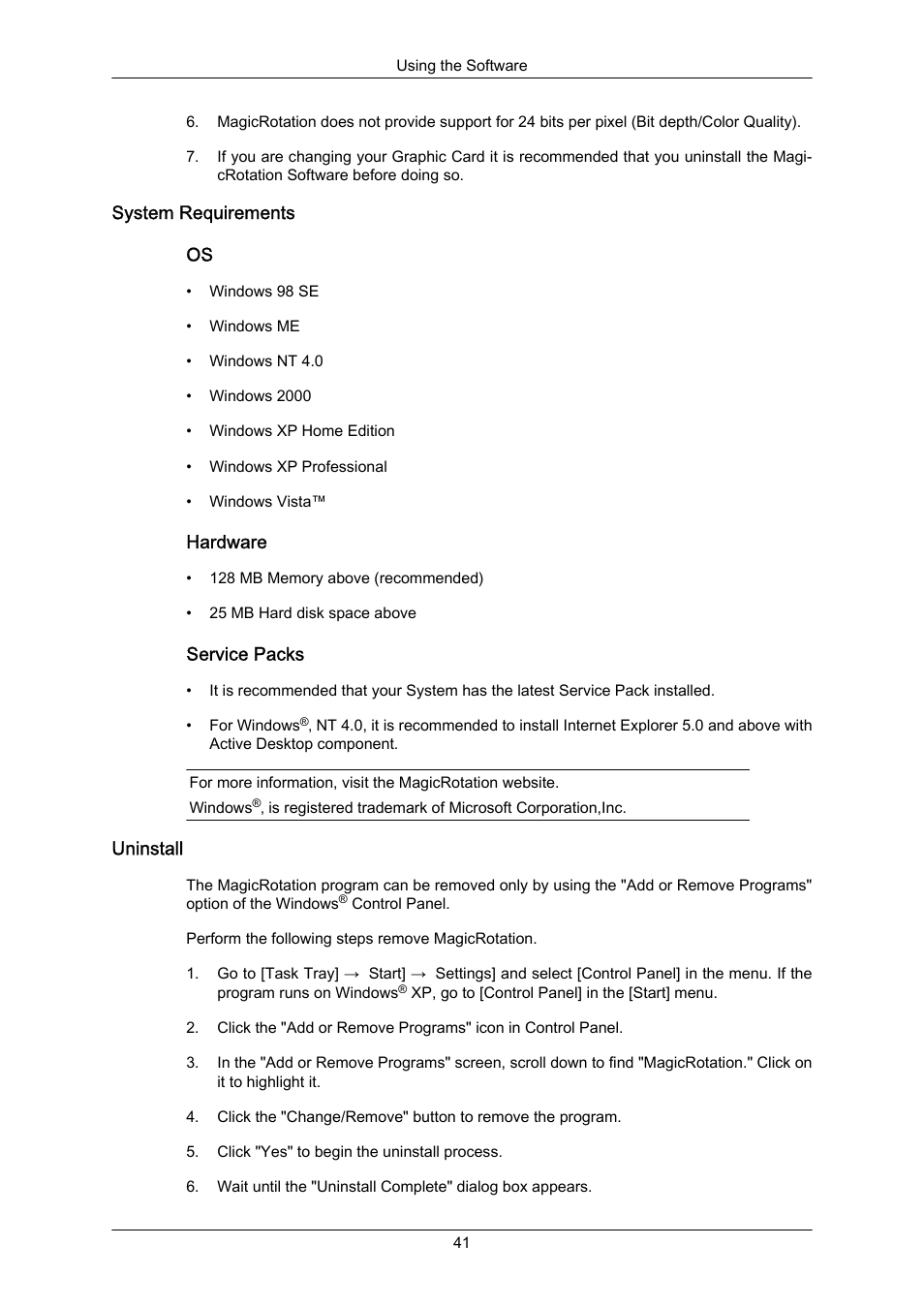 System requirements, Uninstall | Samsung LS22MYZKFV-XAA User Manual | Page 42 / 172