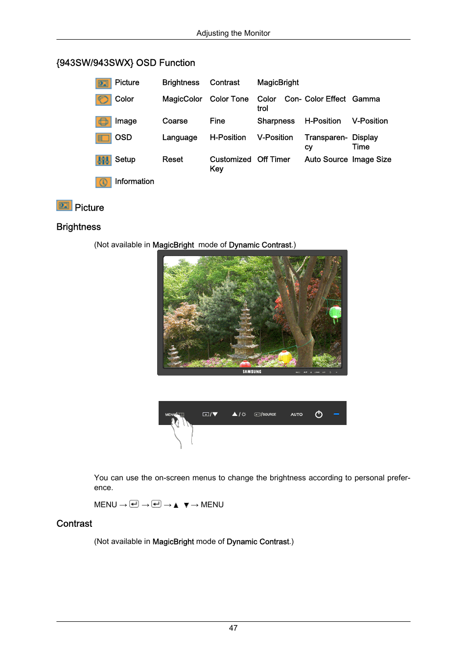 943sw/943swx} osd function, Picture, Brightness | Contrast | Samsung LS22MYZKFV-XAA User Manual | Page 48 / 172