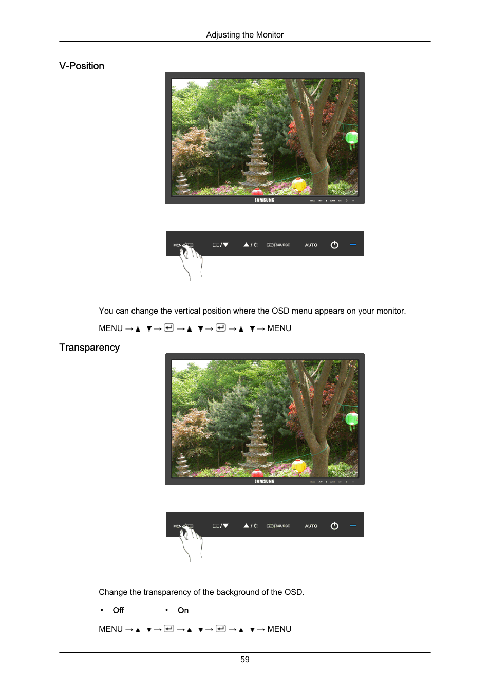 V-position, Transparency | Samsung LS22MYZKFV-XAA User Manual | Page 60 / 172