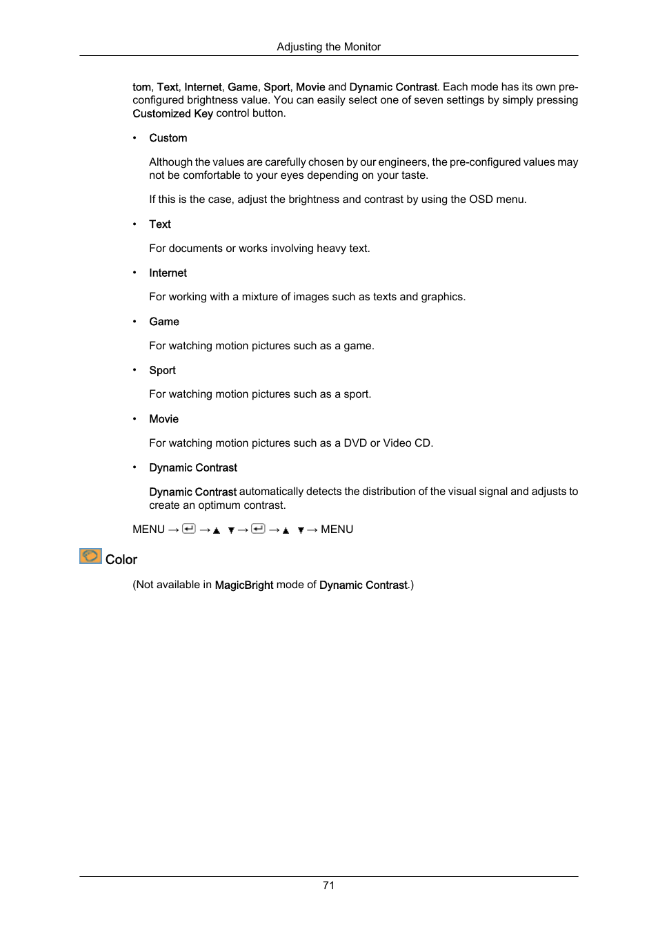 Color | Samsung LS22MYZKFV-XAA User Manual | Page 72 / 172