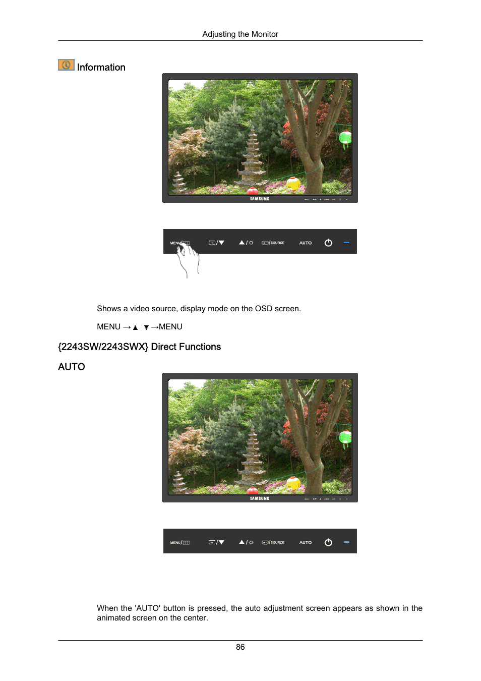 Information, 2243sw/2243swx} direct functions, Auto | Samsung LS22MYZKFV-XAA User Manual | Page 87 / 172