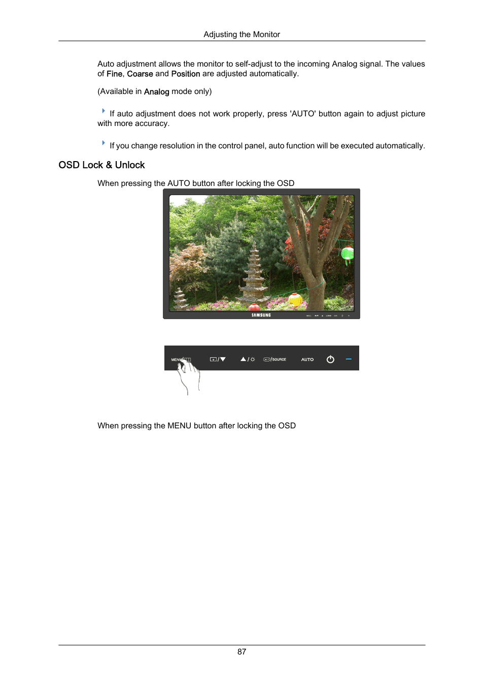 Osd lock & unlock | Samsung LS22MYZKFV-XAA User Manual | Page 88 / 172