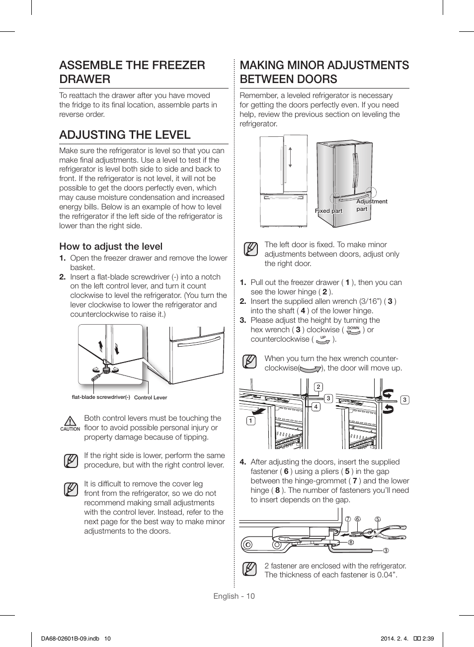 Assemble the freezer drawer, Adjusting the level, Making minor adjustments between doors | How to adjust the level | Samsung RF261BIAESR-AA User Manual | Page 10 / 84