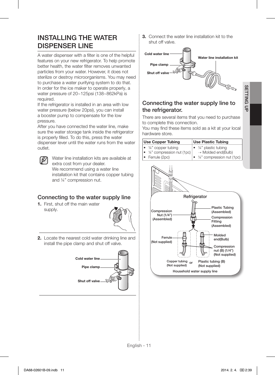 Installing the water dispenser line, Connecting to the water supply line | Samsung RF261BIAESR-AA User Manual | Page 11 / 84