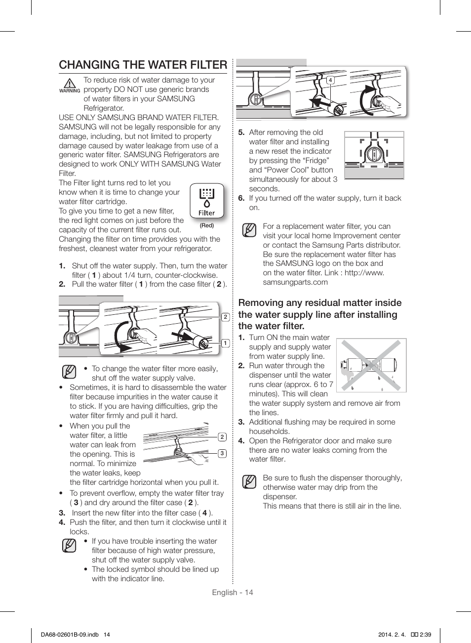 Changing the water filter | Samsung RF261BIAESR-AA User Manual | Page 14 / 84